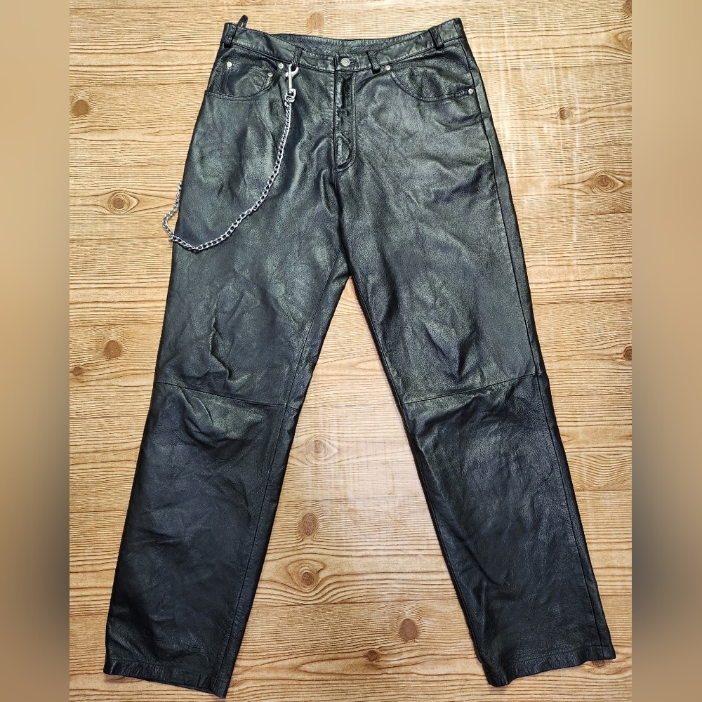 Arizona Jean Co Vintage Men's Black Leather Pants with Chain Sz 34 x 30